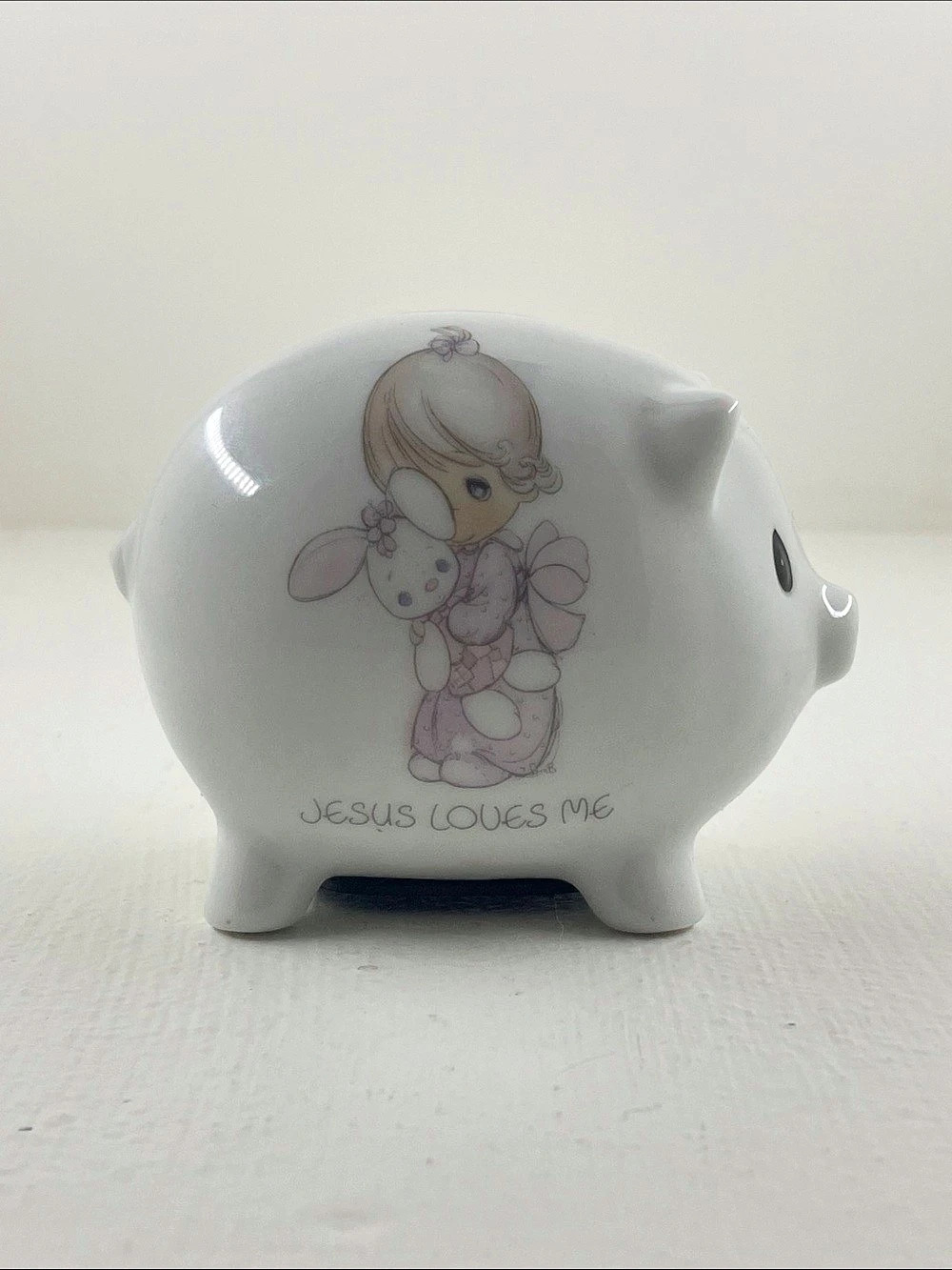 Precious Moments Jesus Loves Me Girl with Bunny Piggy Bank Ceramic Piggy Bank